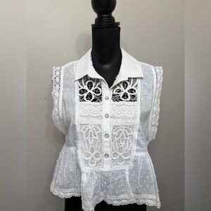 NWT Anthropologie Women’s White Lace-Panel Sleeveless Button-Front Top M